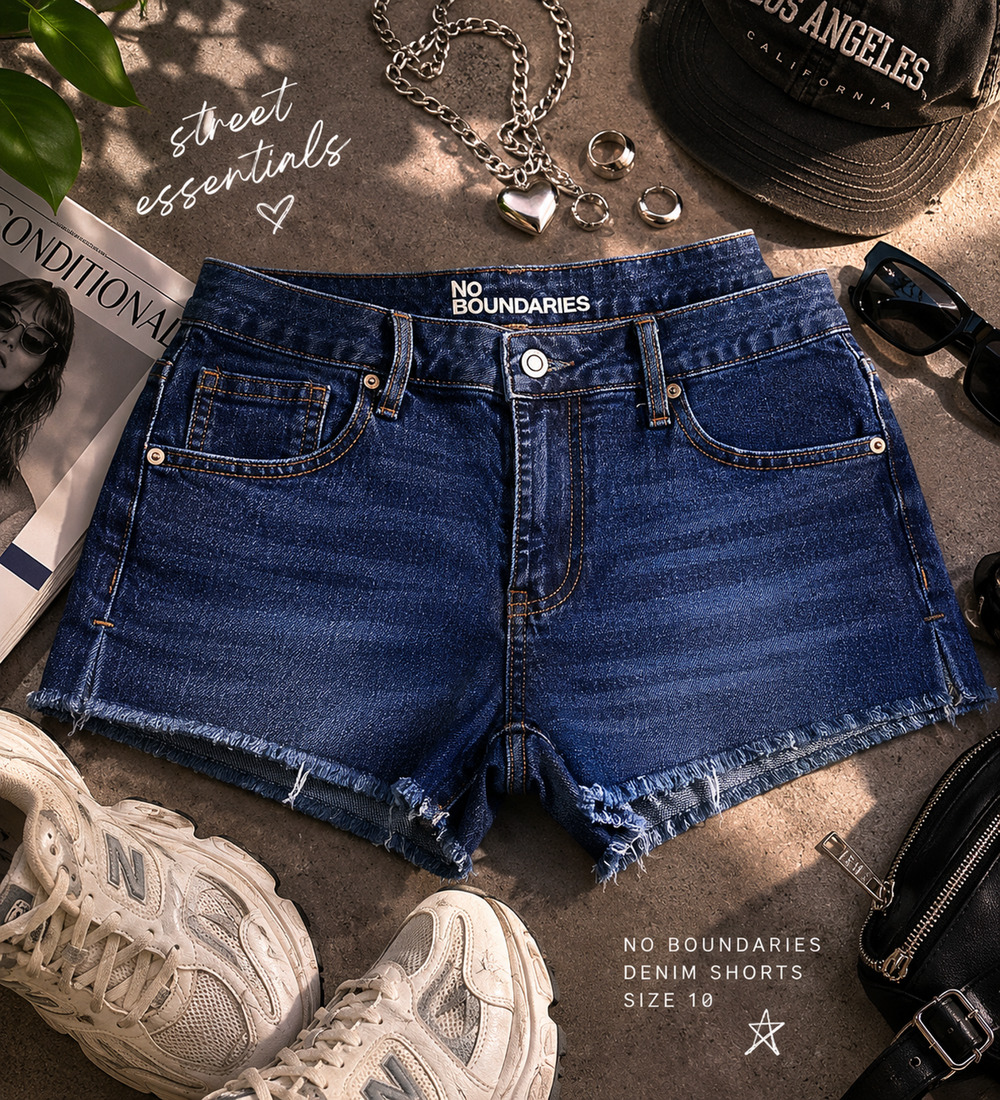 No Boundaries Dark Wash Raw Hem Denim Shorts Size 10 Y2K Casual
